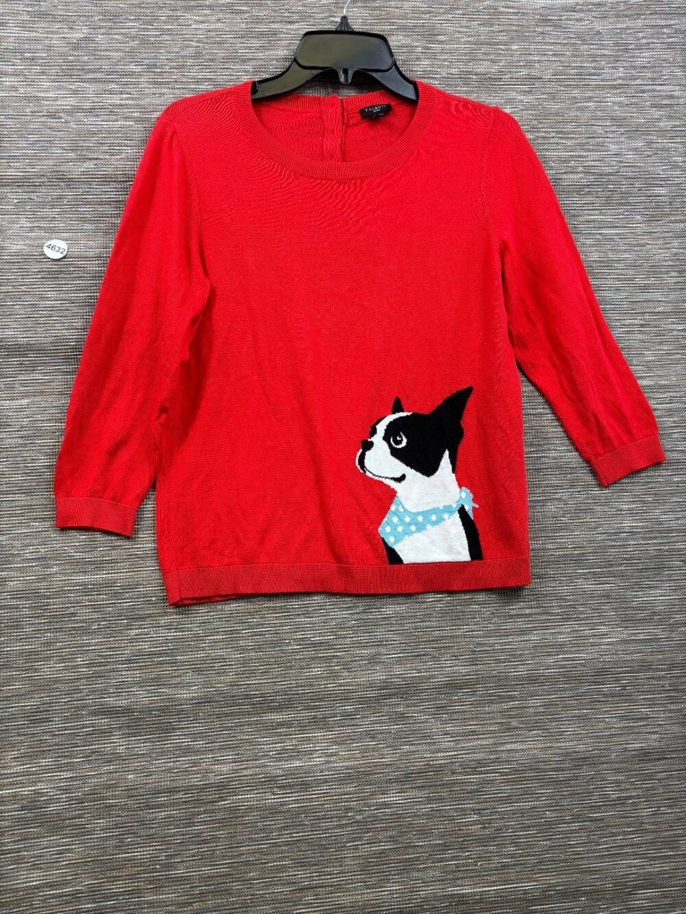 Talbots Bright Red Boston Terrier Novelty Crew Neck Preppy Sweater PM 3/4 Sleeve
